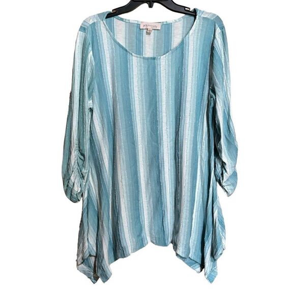 Philosophy Tunic Top Womens Large Multicolor Stripe Boho Ruched Sleeves Blouse - Picture 1 of 9
